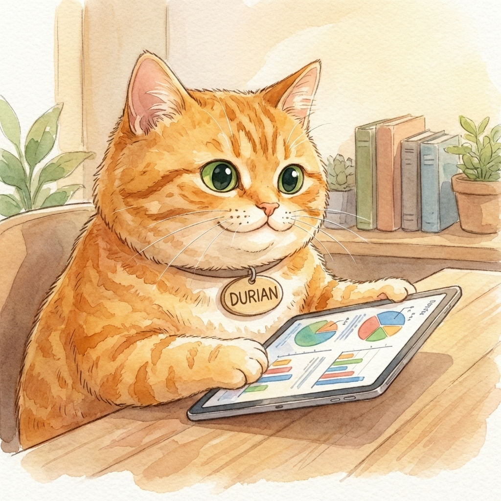 An orange cat holding a tablet viewing technical analysis charts